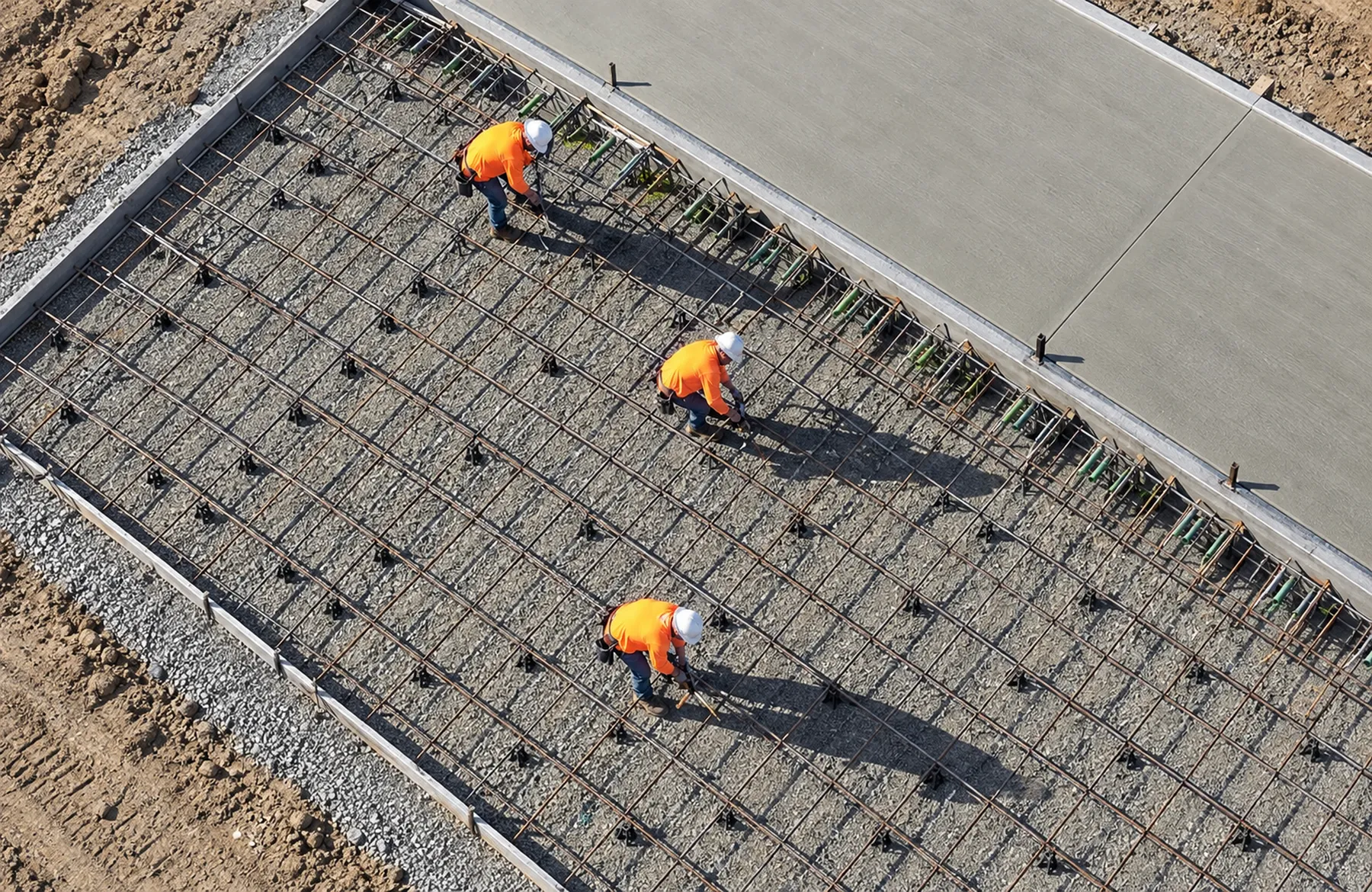 Crew tying a rebar mat with dowel baskets next to a finished concrete paving lane