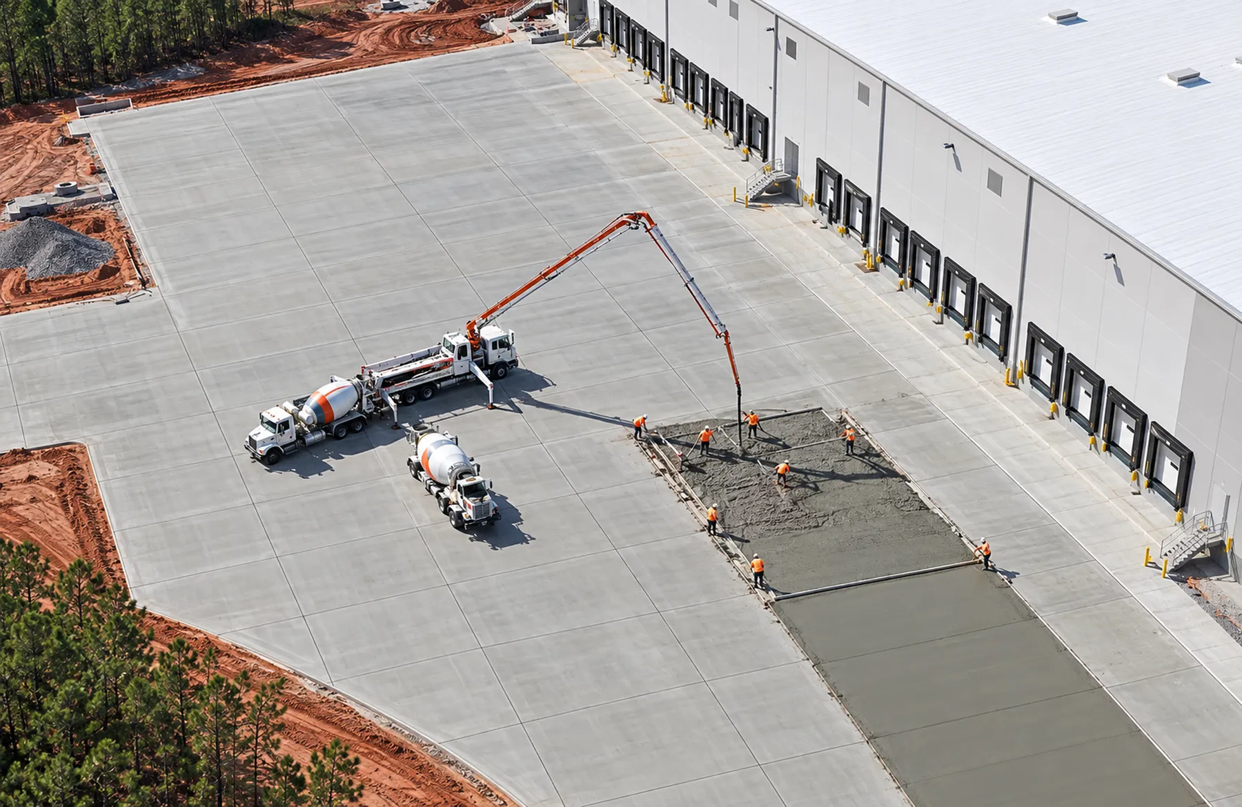 Aerial view of a distribution center truck court being paved with a pump truck and mixer trucks